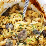 Creamy chicken stroganoff in the crockpot.