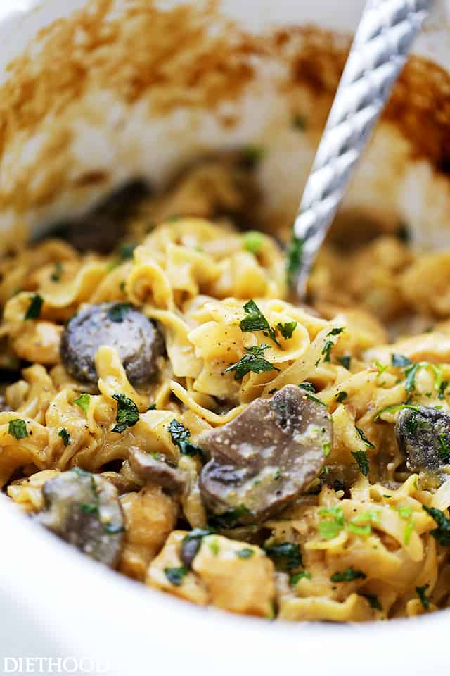 Crock Pot Chicken Stroganoff - Creamy, incredibly delicious and SO easy to make! Just place all ingredients in the crock pot and walk away. Even the noodles get cooked in the crock pot!