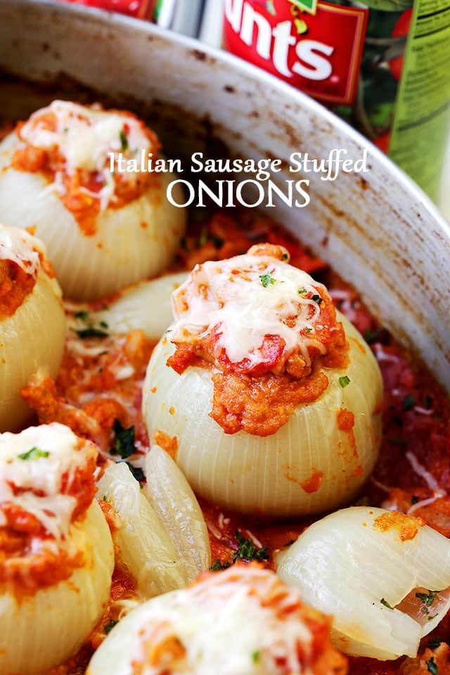 Italian Sausage Stuffed Onions in a silver pan