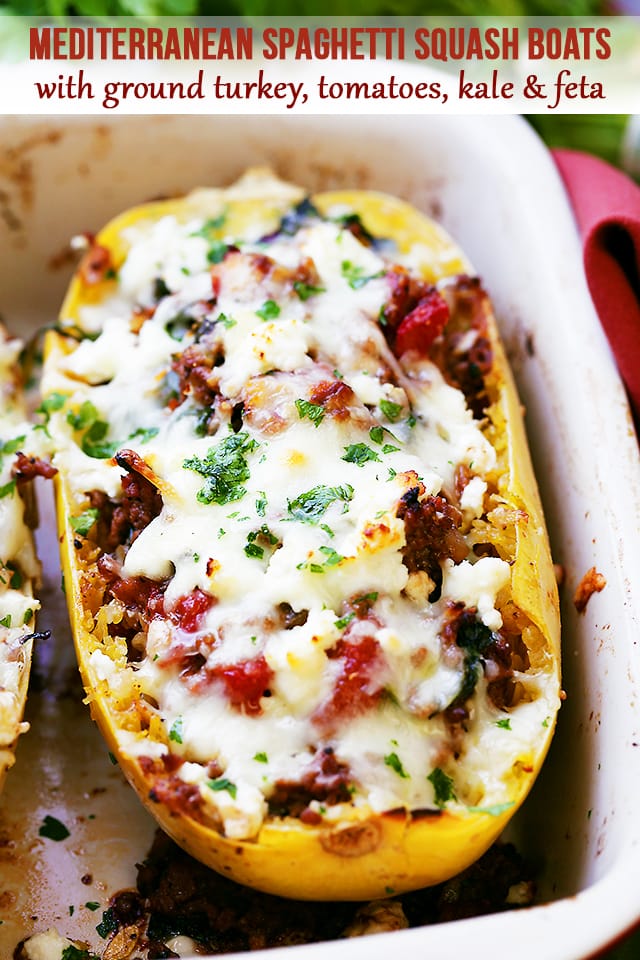 Mediterranean Spaghetti Squash Boats - Low carb, healthy, easy to make Spaghetti Squash boats loaded with ground turkey, tomatoes, kale and feta cheese.