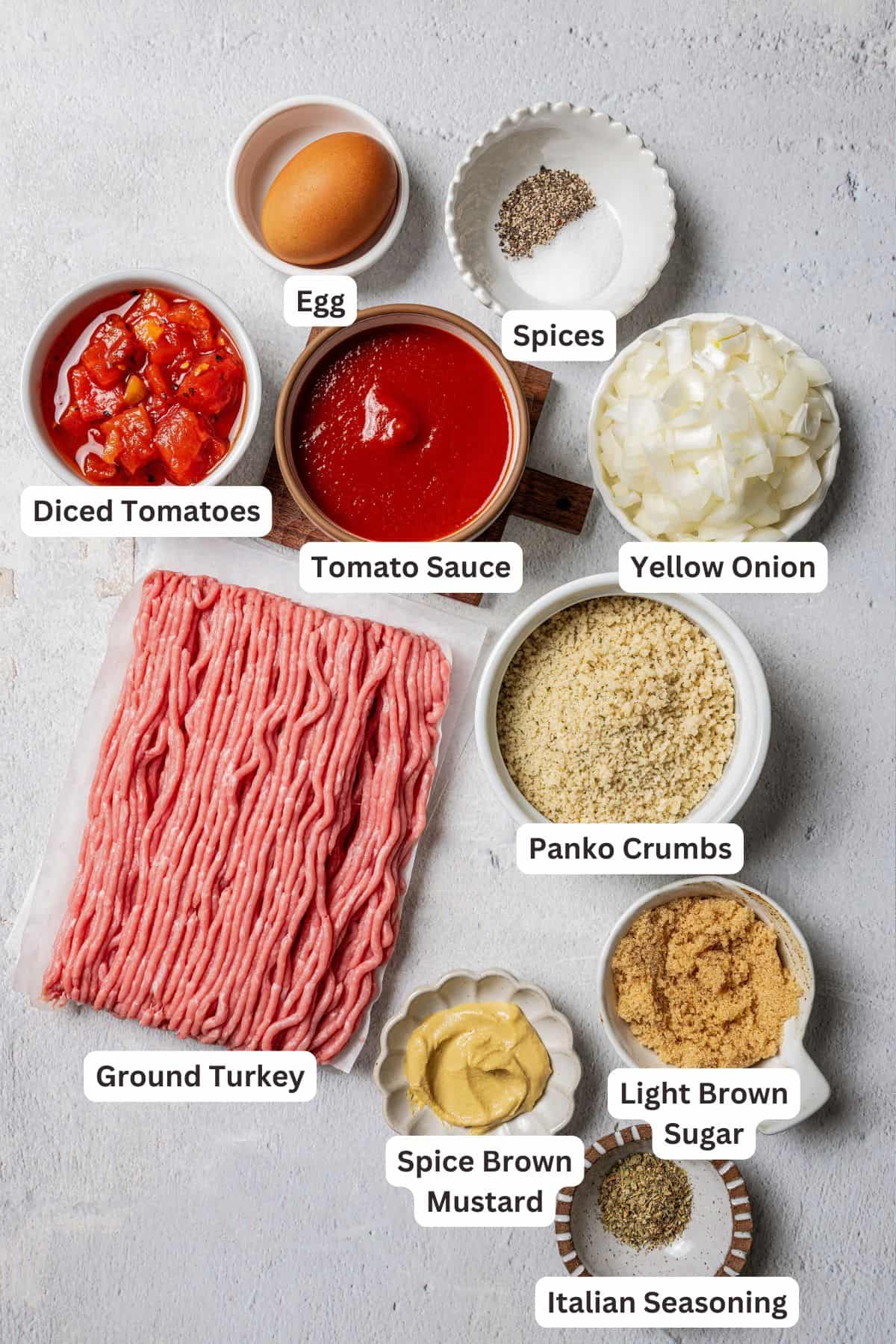 Ingredients for mini turkey meatloaves with text labels overlaying each ingredient.