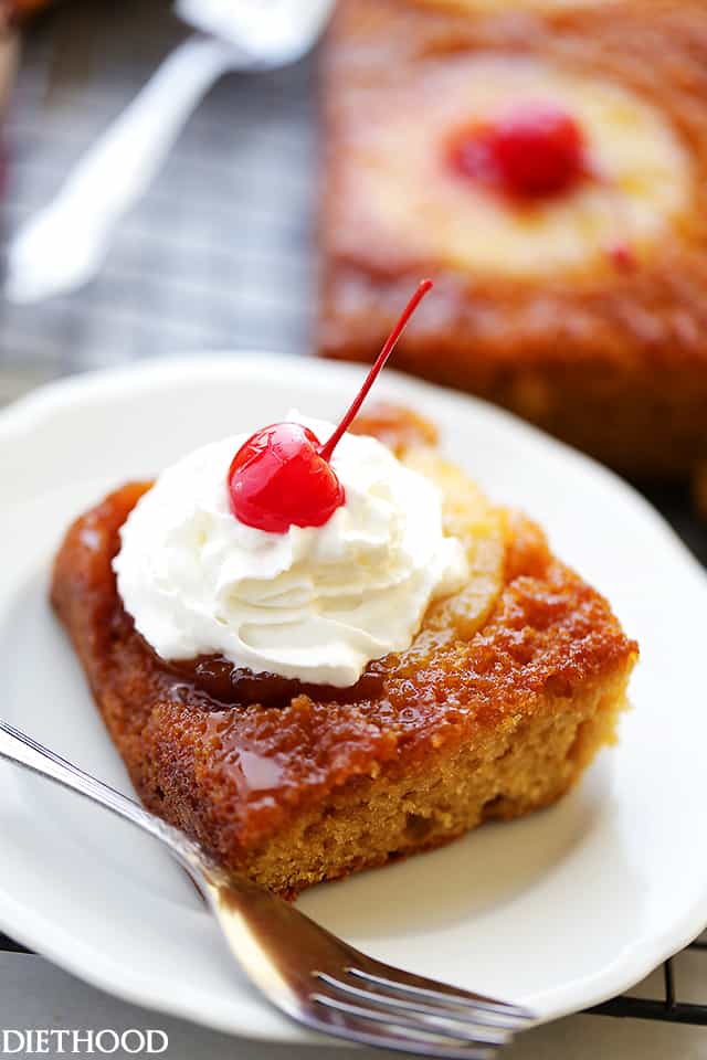 Pineapple Upside Down Yogurt Cake - An easy recipe for super moist homemade pineapple upside-down cake made with olive oil and yogurt, and a buttery-sweet brown sugar topping.