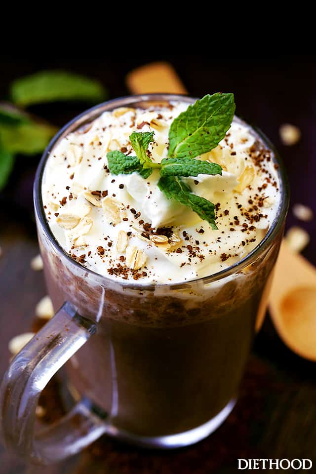 Coffee smoothie in a glass mug with a handle.