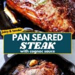 Pan-seared steak with cognac sauce Pinterest image.