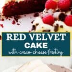 Red velvet cake long Pinterest image with text overlay.