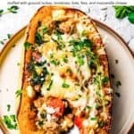 Spaghetti squash boat social media sharing image with text overlay.