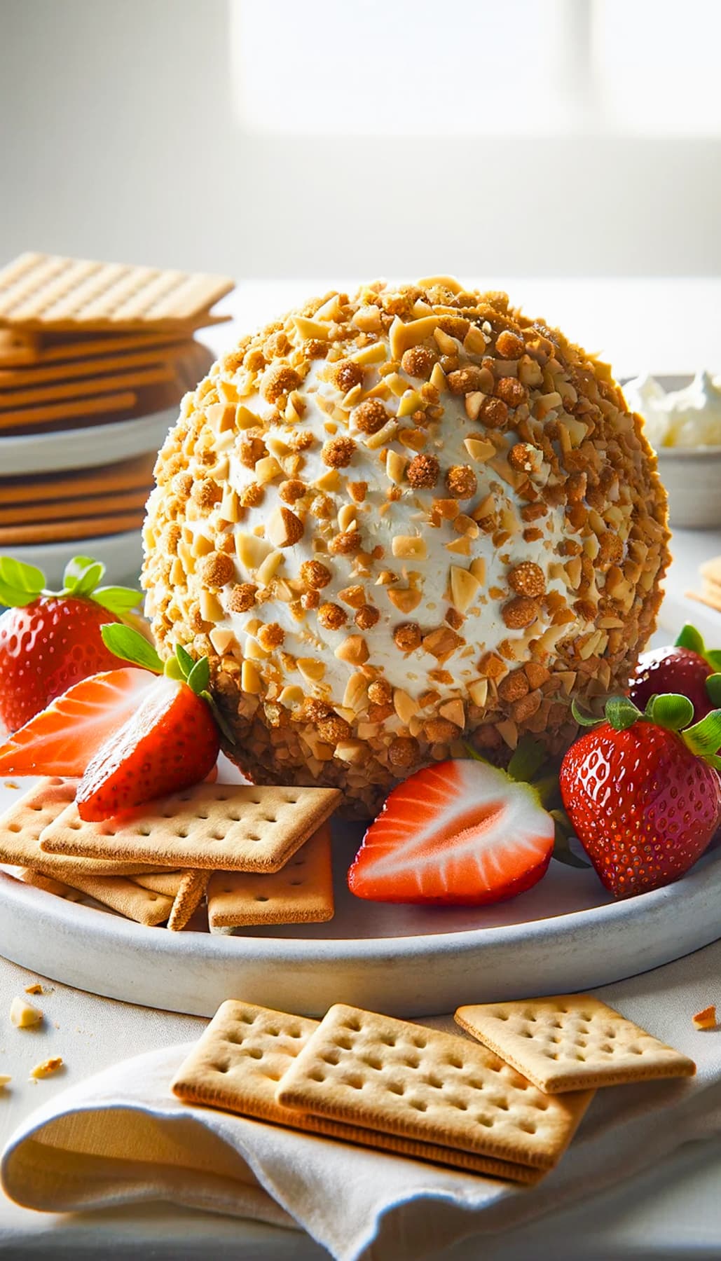 Cheese ball covered in chopped nuts and served with strawberries and graham crackers.