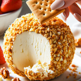 A hand dipping into a cheese ball with a graham cracker.