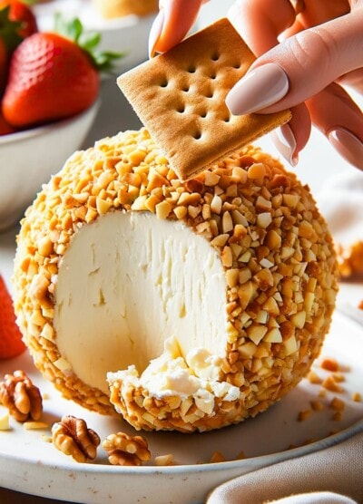 A hand dipping into a cheese ball with a graham cracker.