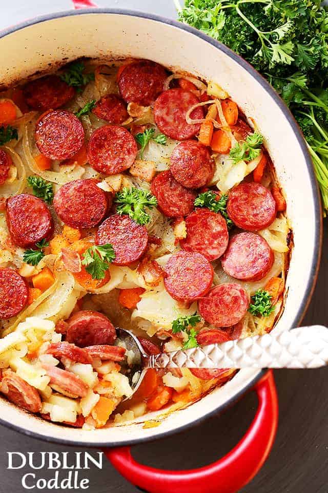 Dublin coddle in the Dutch oven with fresh parsley on top. 