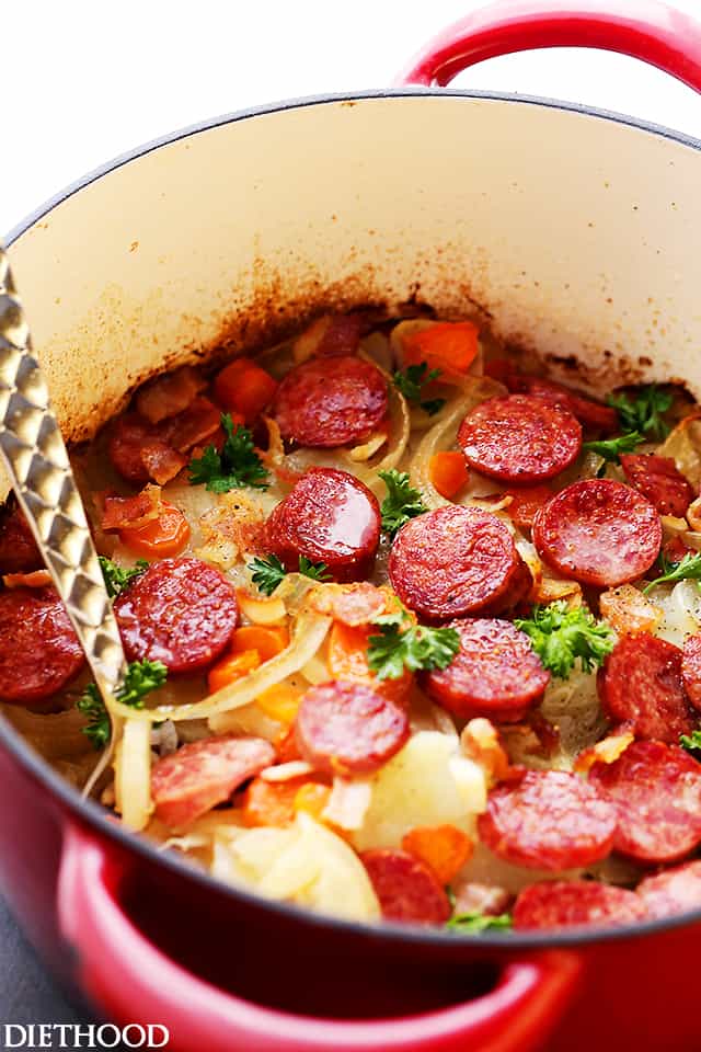 Dublin Coddle Recipe - An easy to make delicious and hearty traditional Irish winter stew with potatoes, sausages, and bacon.