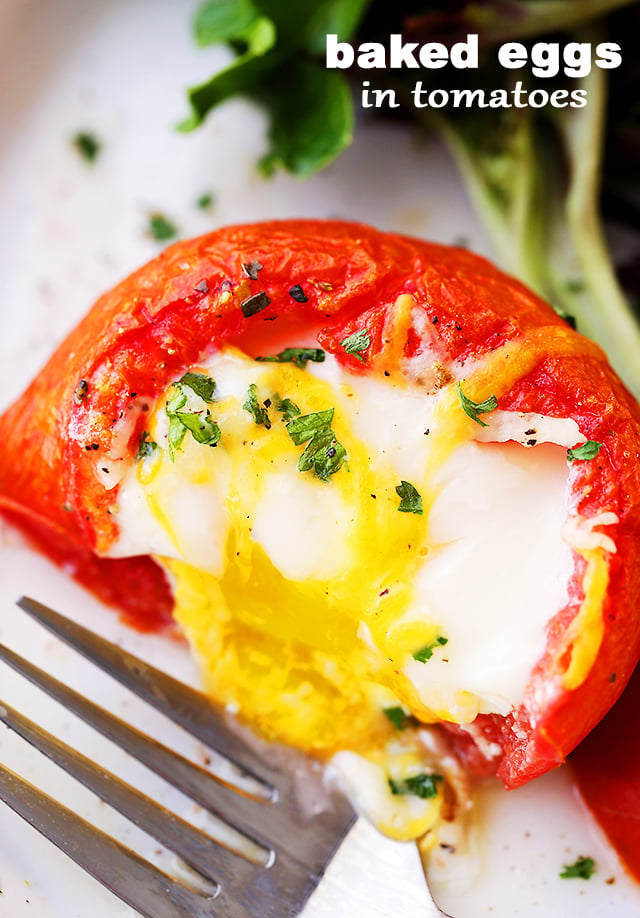 Baked Eggs in Tomato Cups - Simple, healthy and flavorful breakfast, brunch (even dinner!) recipe with eggs baked inside perfectly seasoned tomato cups.