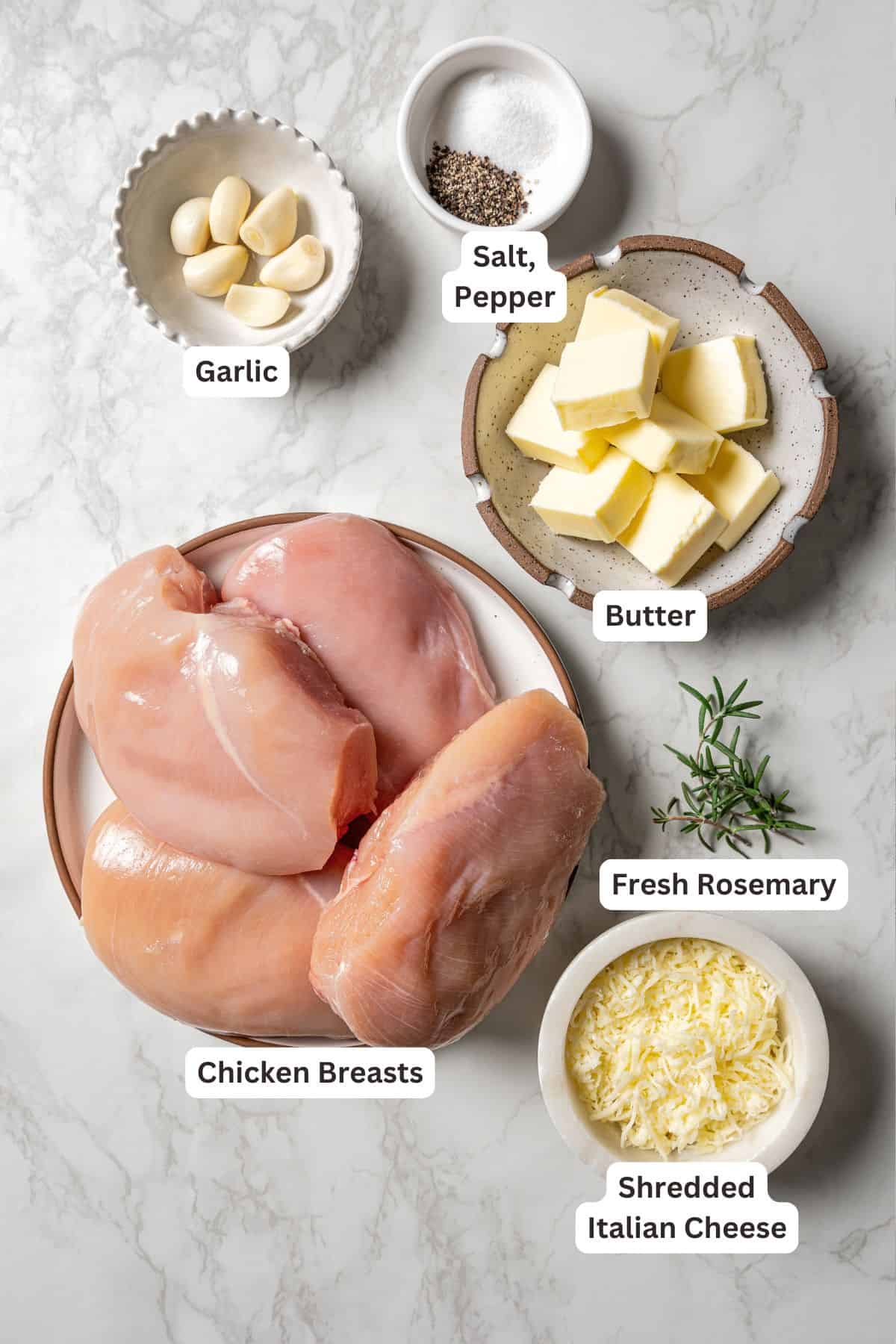 Garlic butter chicken ingredients with text labels overlaying each ingredient.