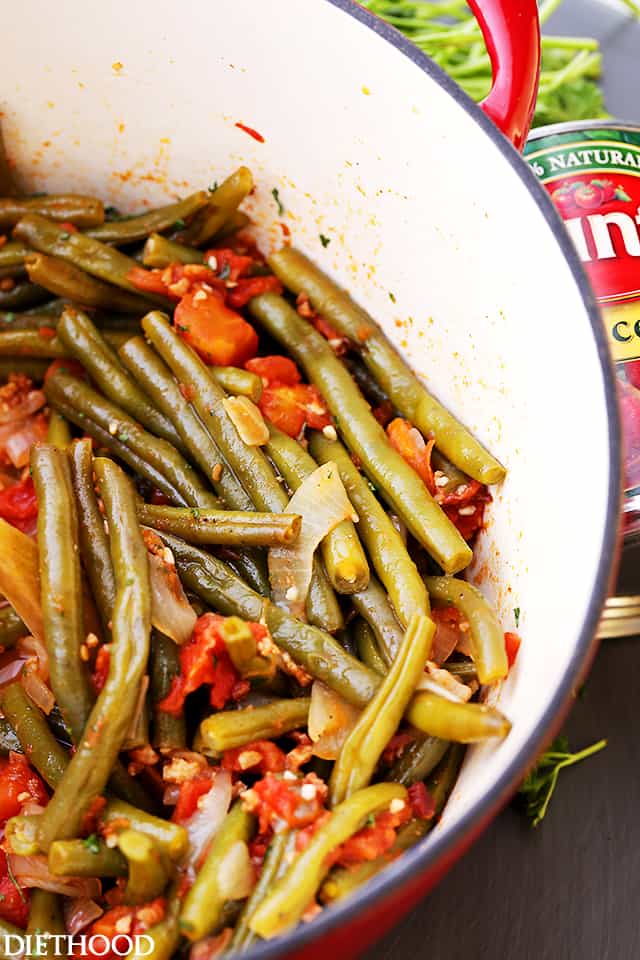 Cooked Green Beans and Tomatoes in a pot