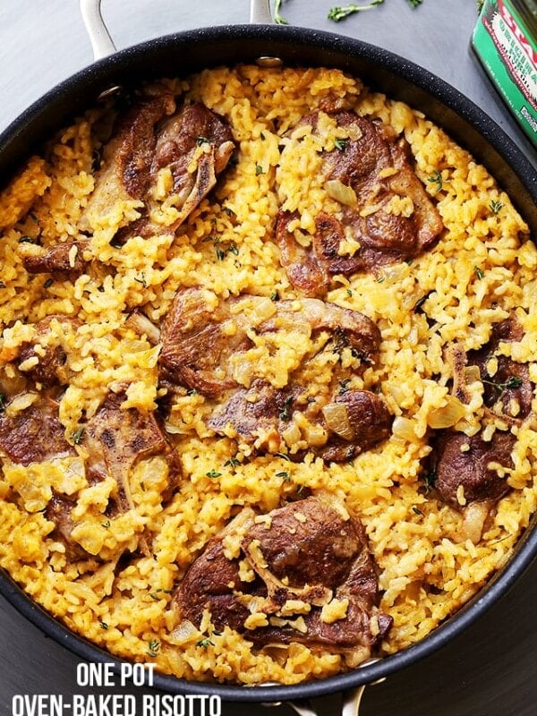 Mom's One Pot Oven-Baked Risotto with Lamb Chops Recipe - A super easy, yet stunning one pot meal that the whole family will love! AND the whole thing bakes in the oven, in just one pot!