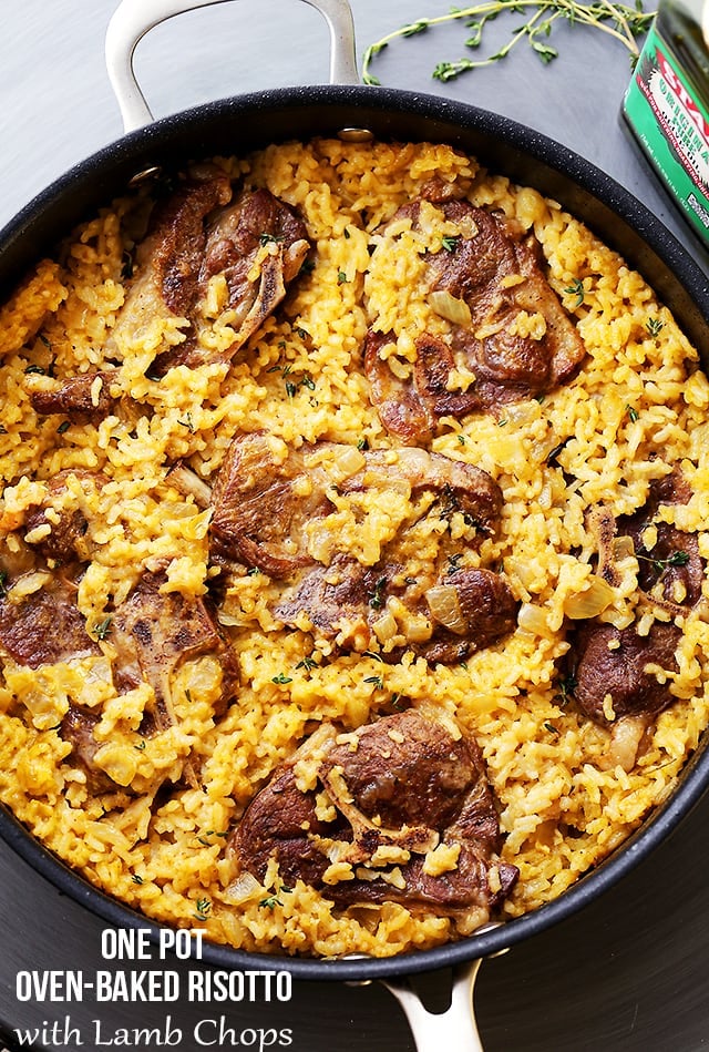 A skillet with Baked Lamb Chops and Risotto.