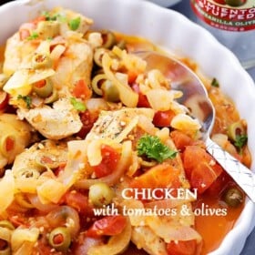 Skillet Chicken with Tomatoes and Olives - Packed with sweet tomatoes and salty olives, this delicious and easy chicken dinner is sure to impress! Easy enough for weeknights, fancy enough for dinner guests.