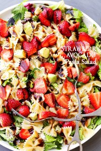 Strawberry Avocado Pasta Salad with Balsamic Glaze Recipe - Strawberries, avocados and bow tie pasta all tossed with an irresistibly creamy balsamic glaze!
