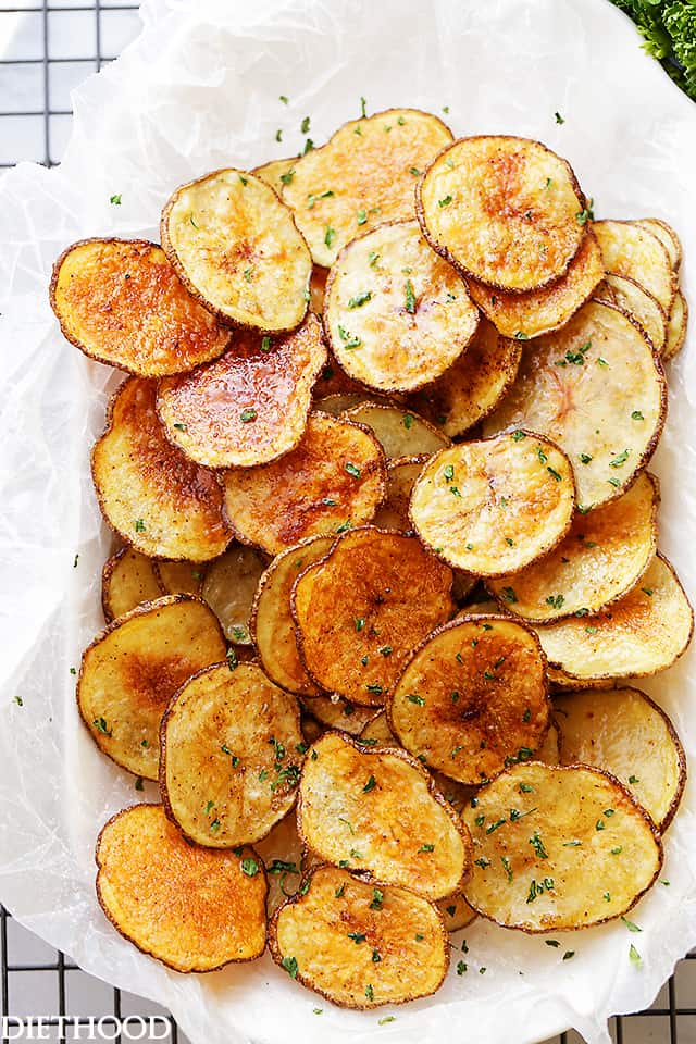 Chili Lime Baked Potato Chips Recipe - Simple to make, delicious and homemade baked potato chips flavored with fresh lime juice and chili powder.