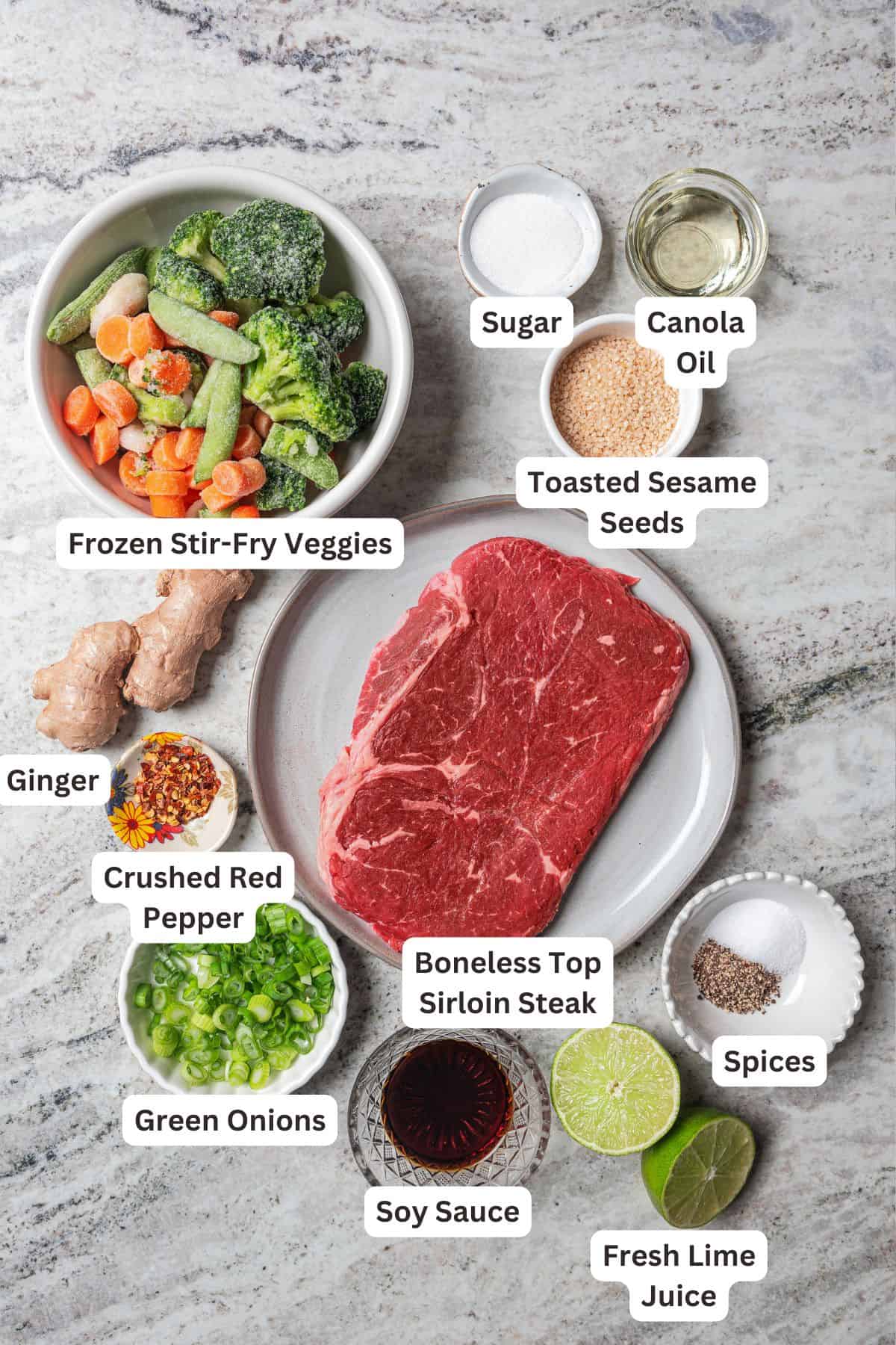 Ginger beef stir fry ingredients with text labels overlaying each ingredient.