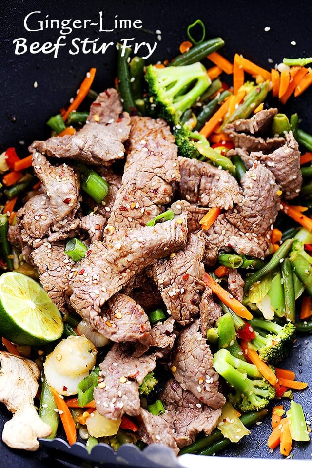 Ginger-Lime Beef Stir Fry in a wok.