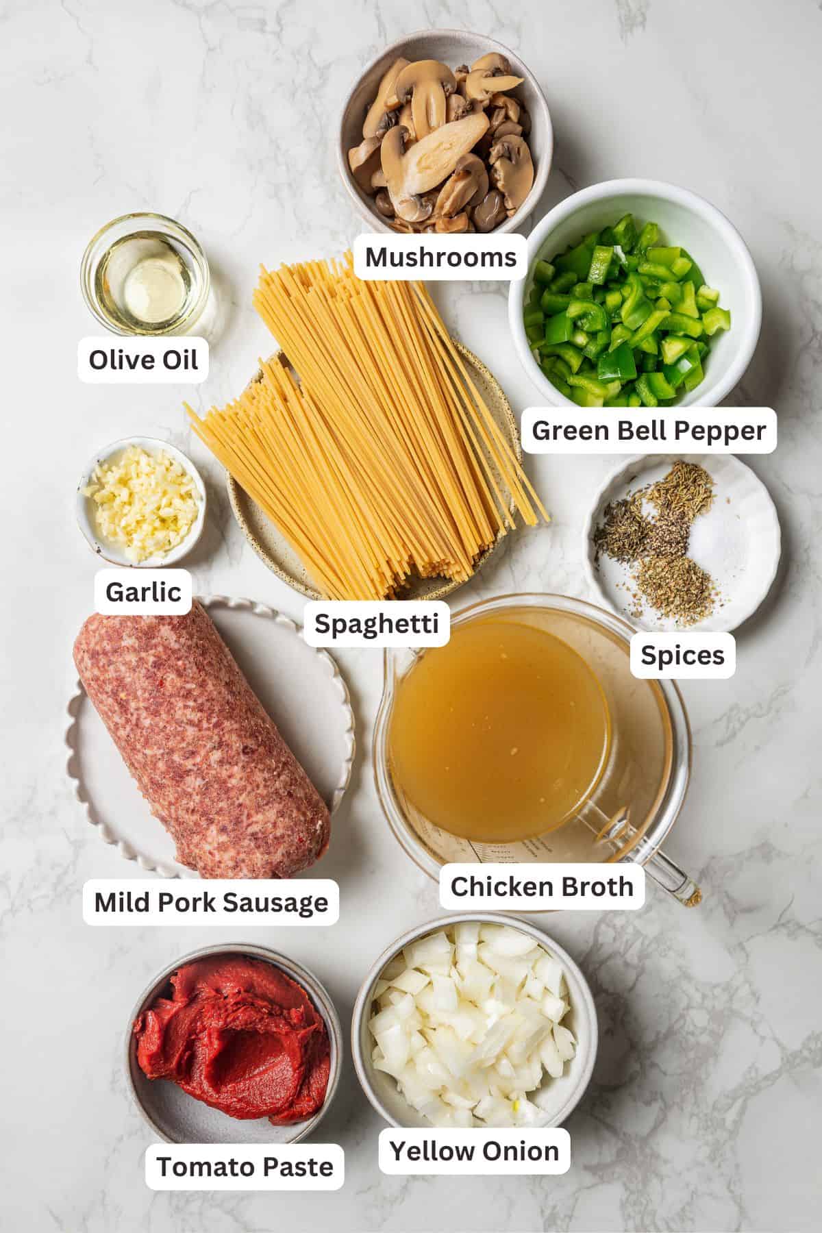 One pot spaghetti ingredients with text labels overlaying each ingredient.