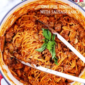 One Pot Spaghetti with Sausage Sauce Recipe - Made with pork sausage, peppers, mushrooms and pasta, this easy, one pot dinner recipe is on the table in just 30 minutes!