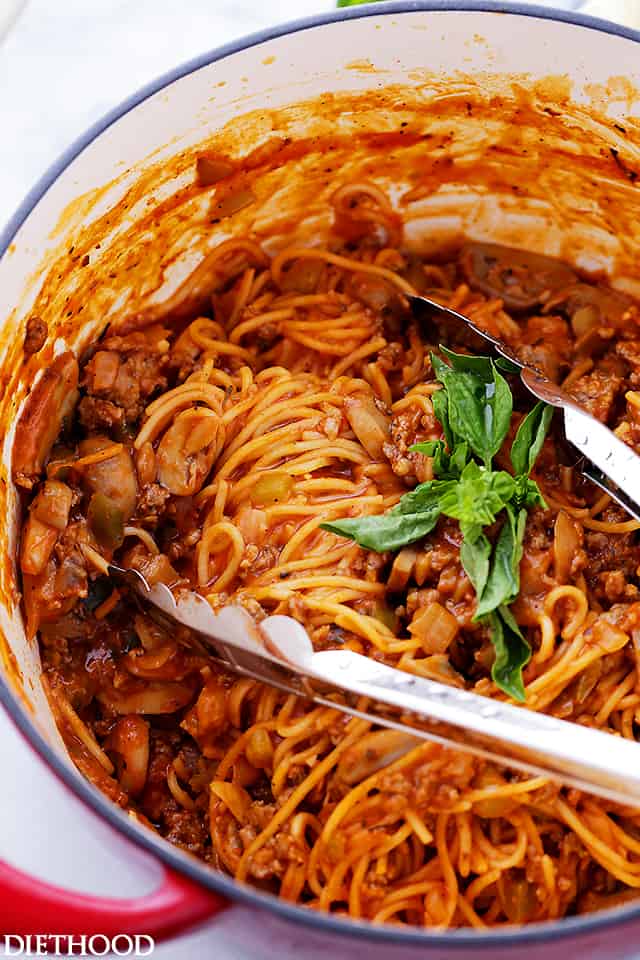 Spaghetti with Sausage sauce in a dutch oven