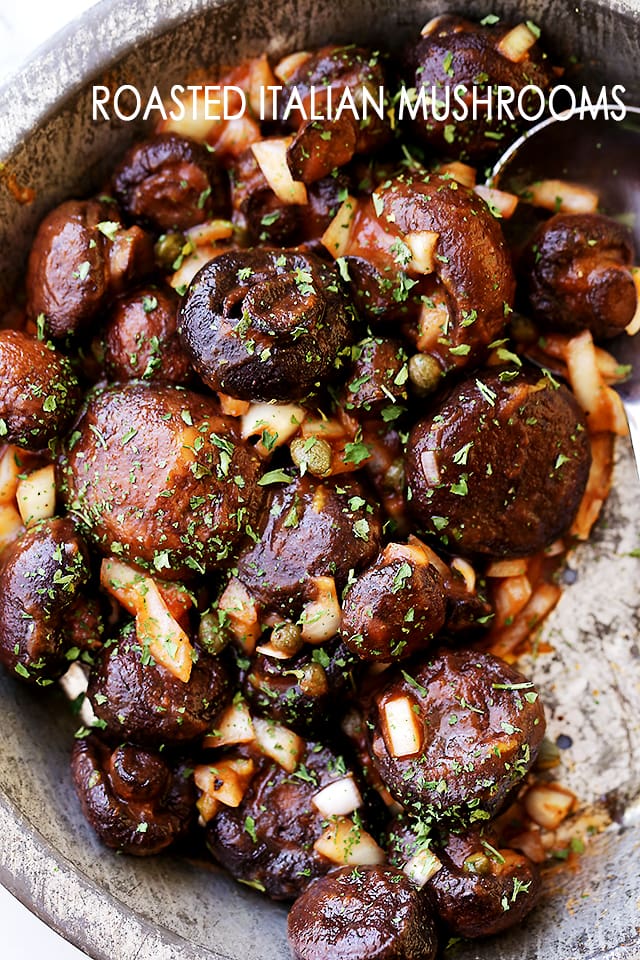 Roasted Italian Mushrooms Recipe - Roasted baby portobello mushrooms tossed with capers and onions in a deliciously seasoned tomato sauce.