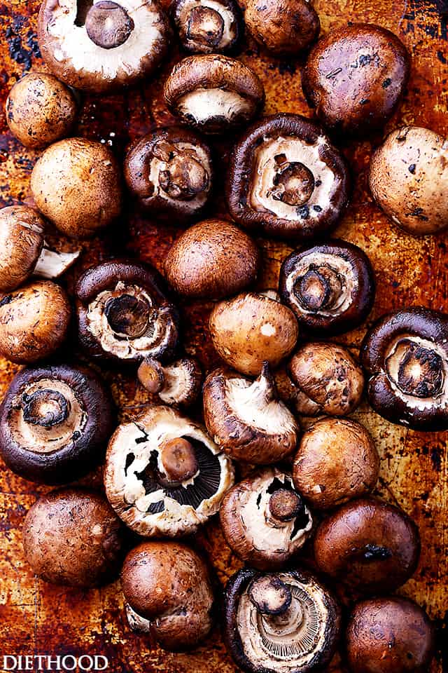 Roasted Italian Mushrooms Recipe - Roasted baby portobello mushrooms tossed with capers and onions in a deliciously seasoned tomato sauce.