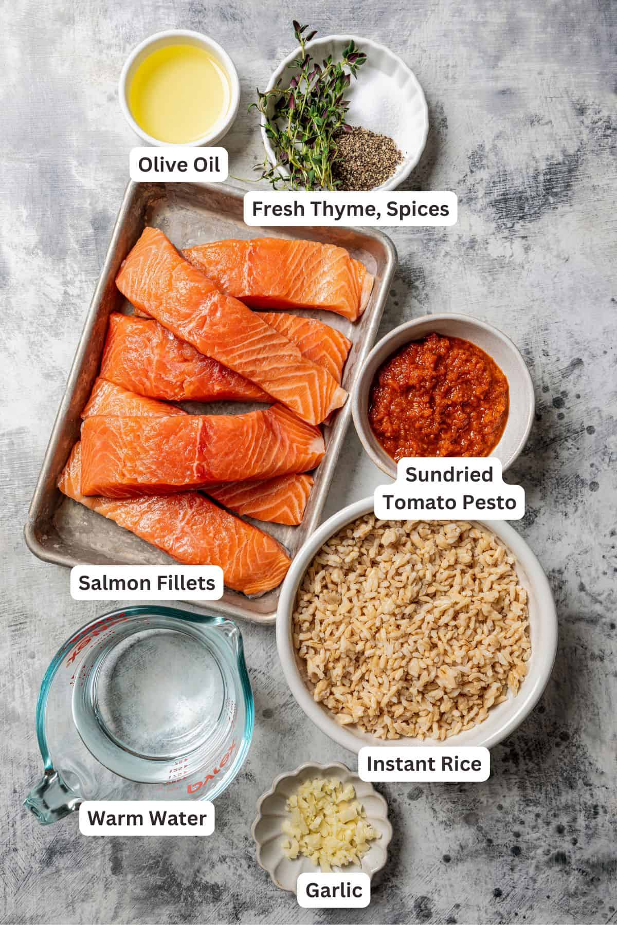 Salmon and rice ingredients with text labels overlaying each ingredient.