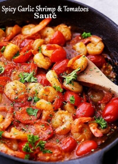 Spicy Garlic Shrimp and Tomatoes Sauté - A quick and easy way to make the most delicious accompaniment to rice, orzo, and pasta!