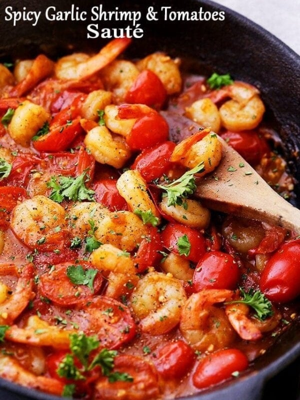 Spicy Garlic Shrimp and Tomatoes Sauté - A quick and easy way to make the most delicious accompaniment to rice, orzo, and pasta!