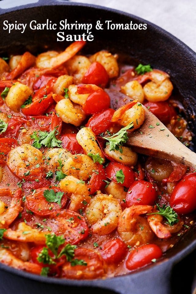 Spicy Garlic Shrimp and Tomatoes Sauté - A quick and easy way to make the most delicious accompaniment to rice, orzo, and pasta!