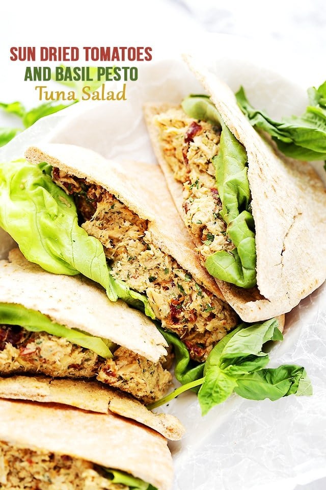 Close-up of Sun Dried Tomatoes and Basil Pesto Tuna Salad in pitas with lettuce