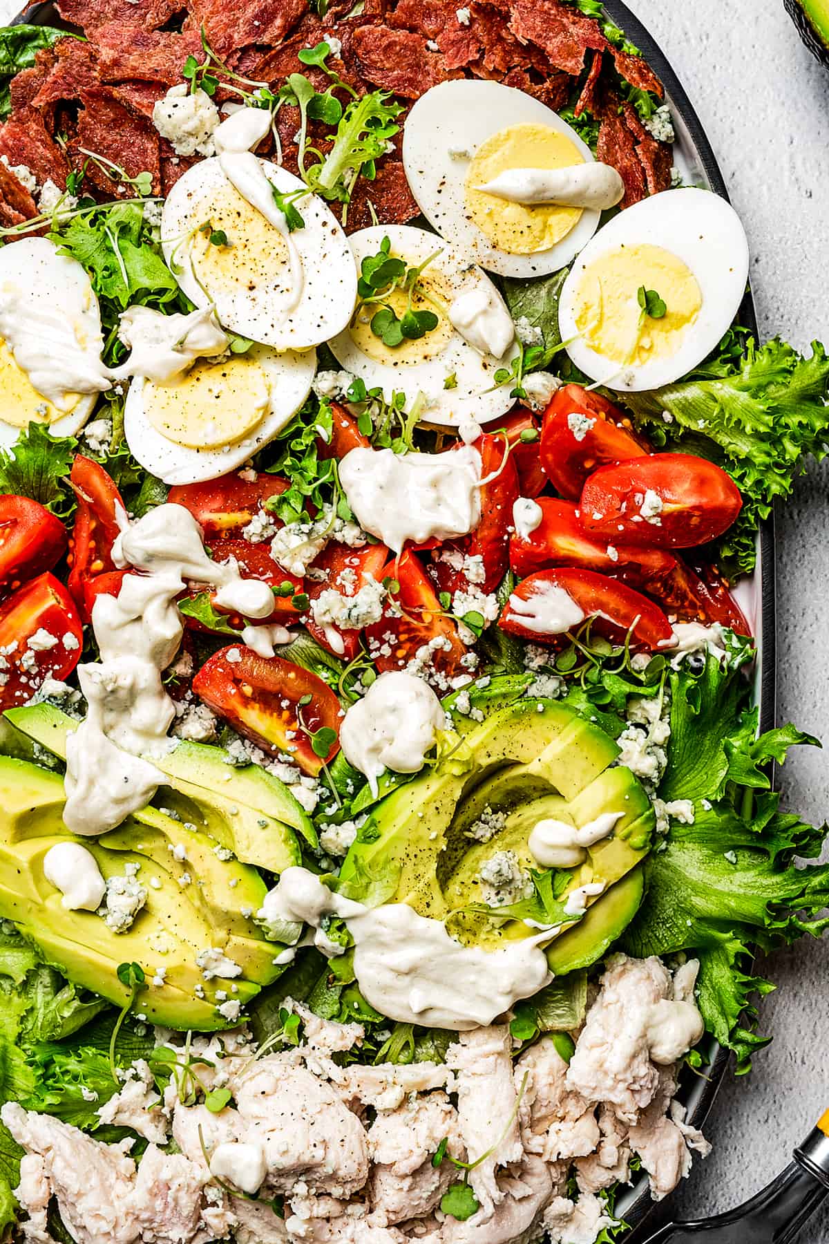 Close up of Cobb salad topped with avocados, tomatoes, eggs, and chicken and drizzled with blue cheese dressing.