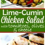 Lime Cumin Chicken Salad with Tomatoes, Olives and Queso Fresco - A huge bowl of flavor-packed, colorful, healthy chicken salad with tomatoes, fiesta blend olives and Mexican cheese.