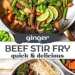 Beef stir fries long Pinterest sharing image with text overlay.