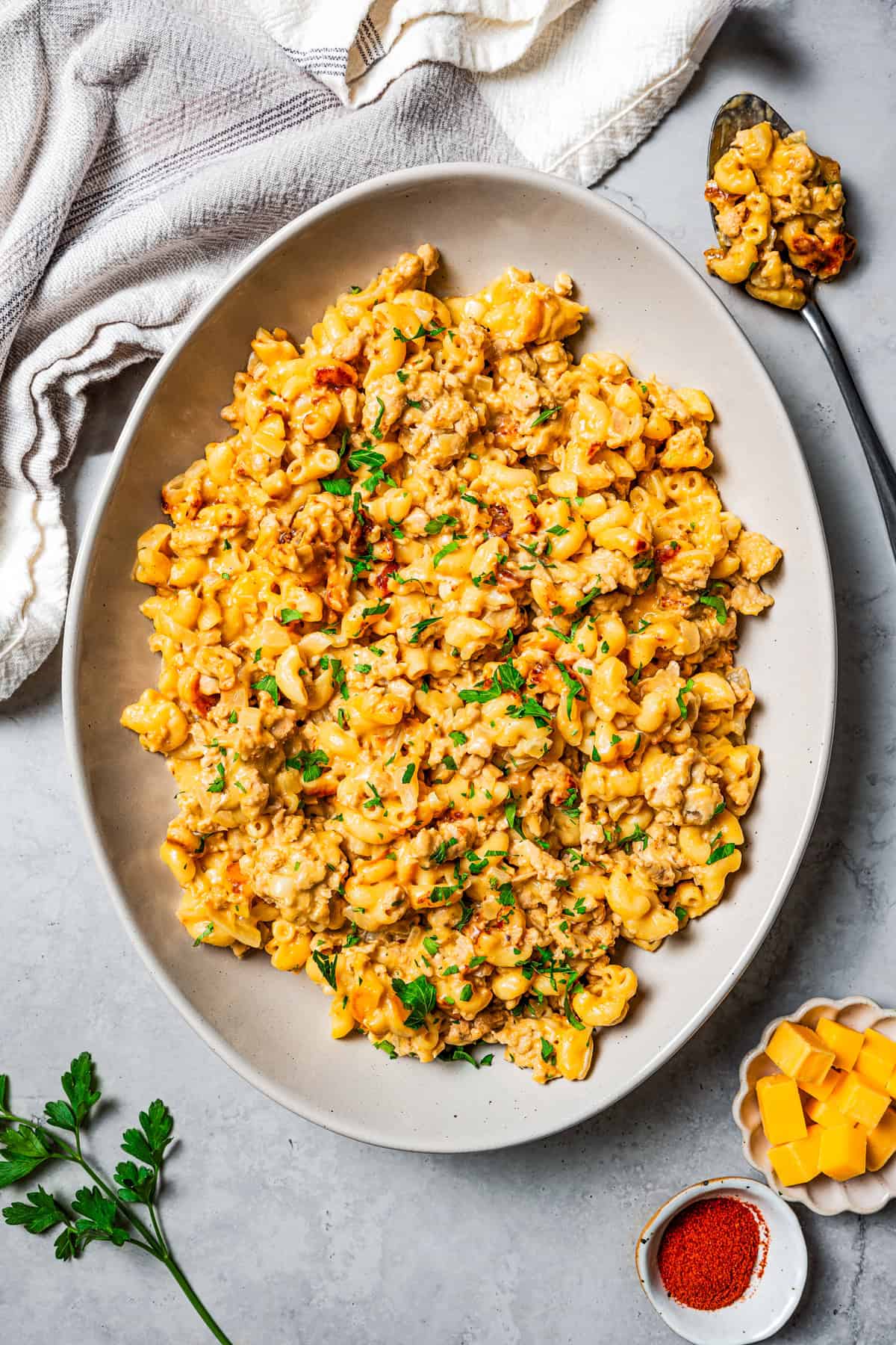 Hamburger Helper served on a large oval platter.