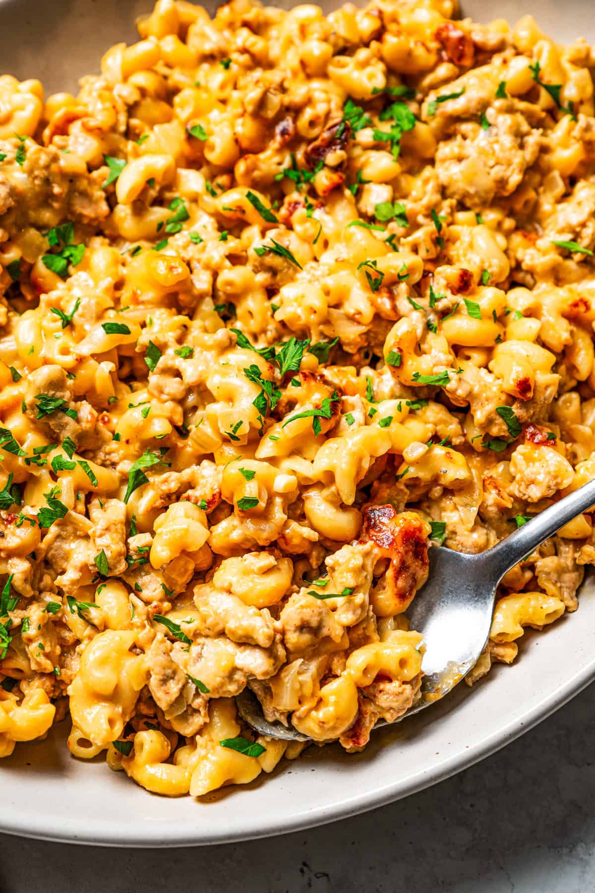 Homemade hamburger helper served on a platter.