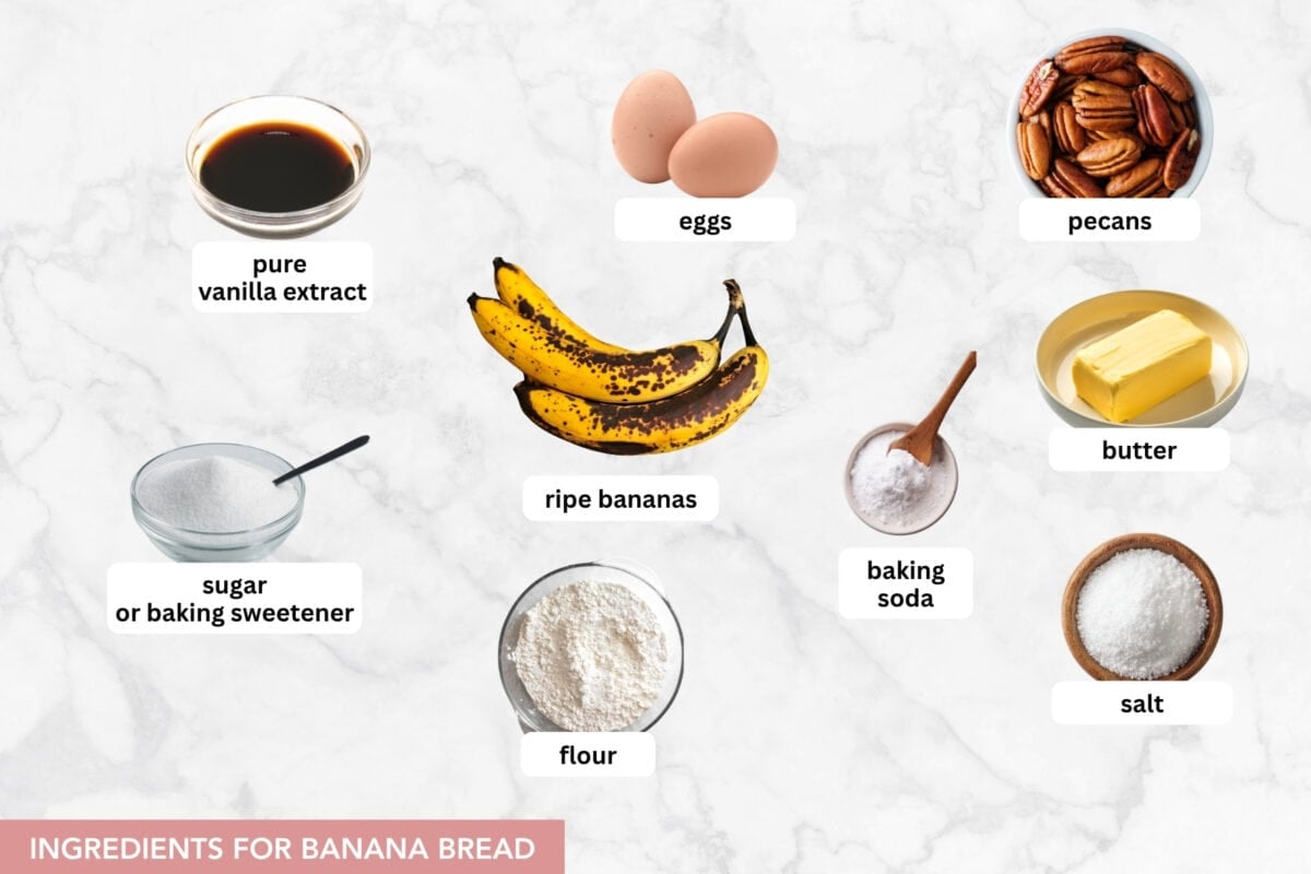 This banana bread recipe makes a soft, moist loaf packed with sweet banana flavor and crunchy pecans. The batter comes together in one bowl in 10 minutes! Ingredients for banana bread arranged on a light surface, including ripe bananas, flour, eggs, butter, pecans, sugar, vanilla extract, baking soda, and salt.