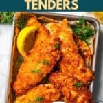 Parmesan chicken tenders social media image with text overlay.