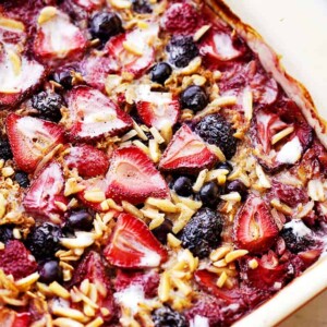 Very Berry Baked Oatmeal served in a baking dish.