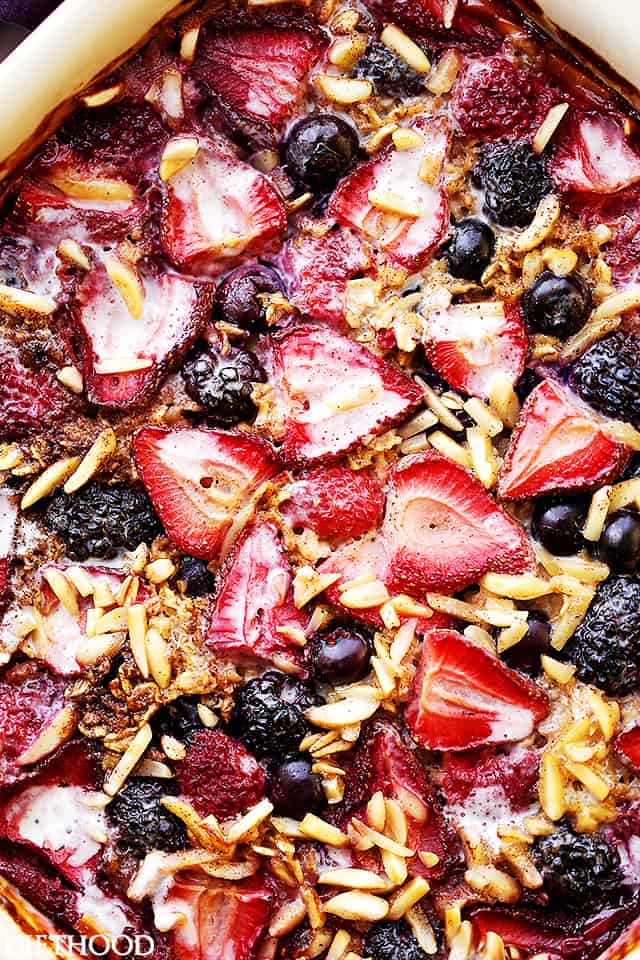 A closeup of berry baked oatmeal.