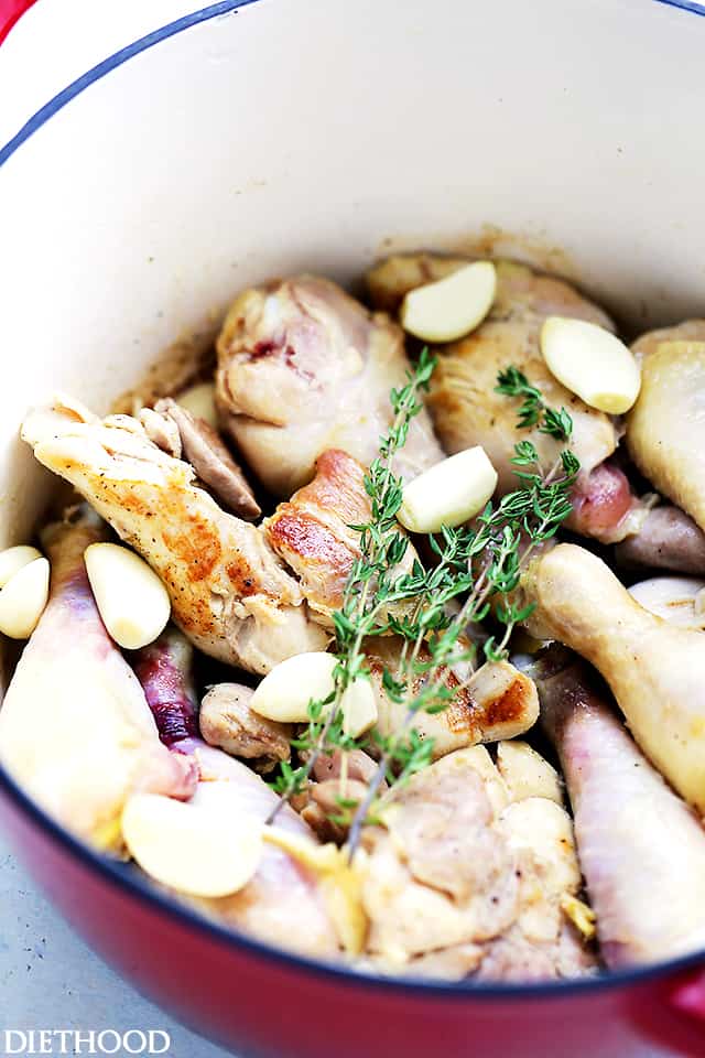 Coconut Milk and Thyme Braised Chicken - Delicious and easy to make one pot chicken dinner cooked in thyme-infused coconut milk and garlic. 