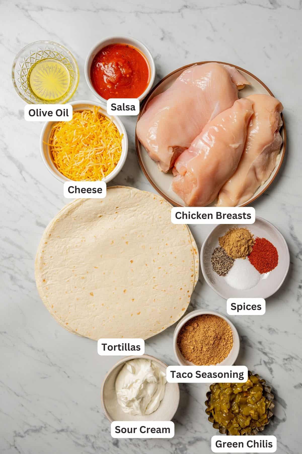 Chicken flautas ingredients with text labels overlaying each ingredient.