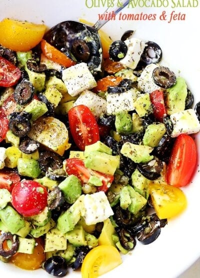 Olives and Avocado Salad with Tomatoes and Feta Cheese - Delicious, colorful and summery avocado salad with black olives, tomatoes and feta cheese.