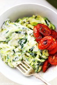 Creamy Ricotta Zucchini Noodles - Delicious zucchini noodles tossed in a creamy and garlicky ricotta cheese sauce. Easy, guilt free and vegetarian weeknight meal that takes minutes to prepare!