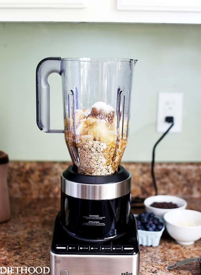 Blending ingredients for muffins in a high-powered blender.