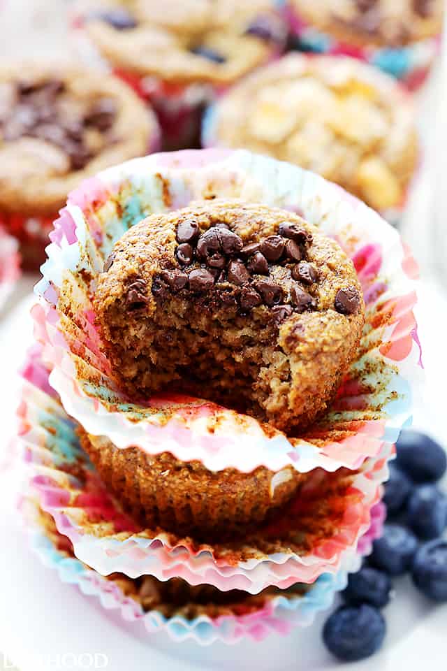 A stack of three blender banana oatmeal muffins.